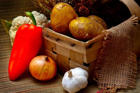 Red pepper, garlic, onions, potatoes, cauliflowerの写真素材