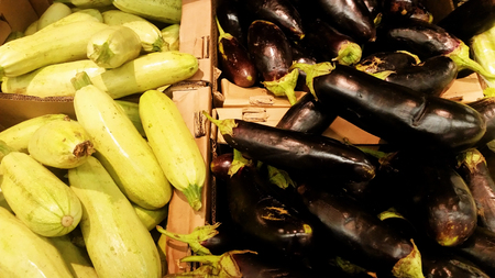 Vegetable food in the hall of a large store of vegetarian foodの写真素材