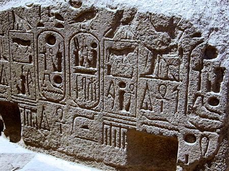 Ancient inscriptions on the frescoes in the ruins in the desert. Egypt