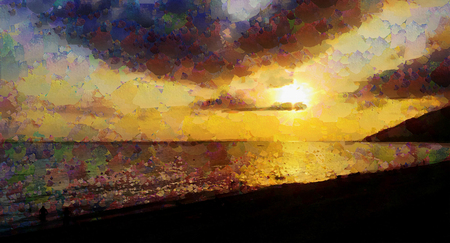 A beautiful sun sets behind the horizon of the sea near the mountainの写真素材