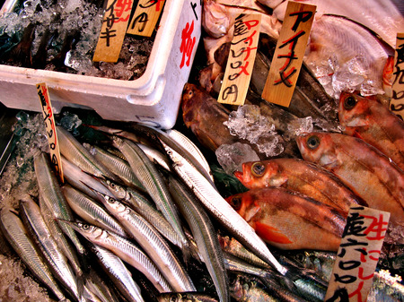 Variety of seafood on Japanese fish market's showcaseの写真素材