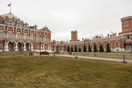 MOSCOW, RUSSIA - MARCH 3, 2017: Built in the 18th century, Petroff Palace is a gem of Russian architecture, located in the modern downtown of Moscow. Part of the facade of the palace ensembleのeditorial素材