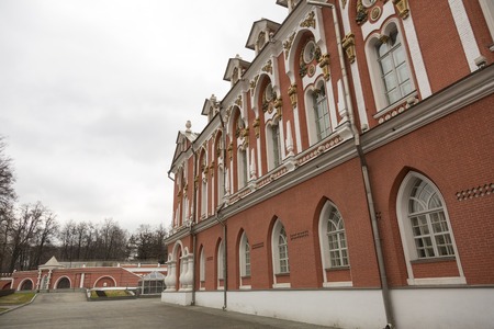 MOSCOW, RUSSIA - MARCH 3, 2017: Built in the 18th century, Petroff Palace is a gem of Russian architecture, located in the modern downtown of Moscow. Part of the facade of the palace ensembleのeditorial素材