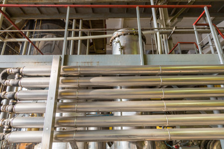 Special industrial equipment in the workshop of a factory for the production of wines and champagne