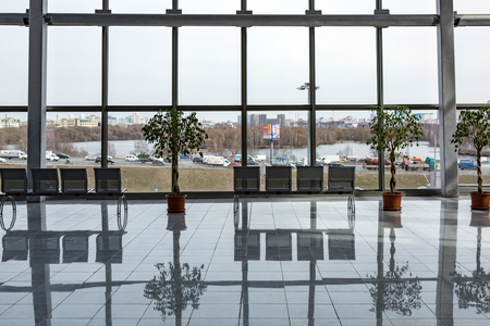 MOSCOW, RUSSIA - APRIL 21, 2017: Huge panoramic windows and reflections in the Crocus Expo International Exhibition Centreのeditorial素材
