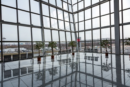 MOSCOW, RUSSIA - APRIL 21, 2017: Huge panoramic windows and reflections in the Crocus Expo International Exhibition Centreのeditorial素材