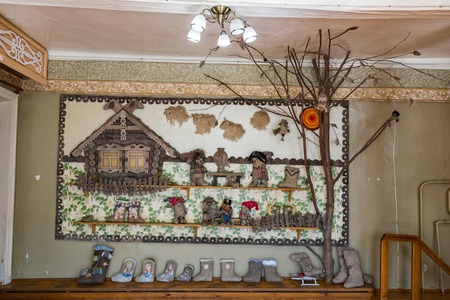 MYSHKIN, RUSSIA - JUNE 18, 2017: Inside the Folk Crafts Museum Russian felt boot Valenki. Yaroslavl Oblastのeditorial素材