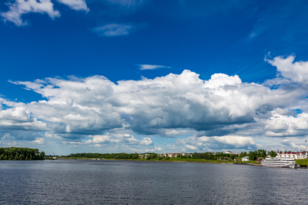 The shore of the grandiose Russian Volga river near the town of Uglich on a summer day. Yaroslavl regionの写真素材