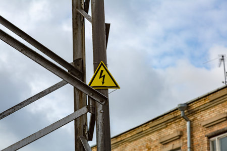 The triangular yellow sign of the danger of electric shockの写真素材