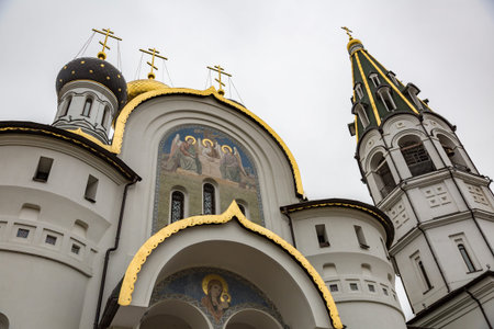 KNYAZHYE LAKE, RUSSIA - NOVEMBER 11, 2017: The facade of the Temple of Saint Prince Alexander Nevsky