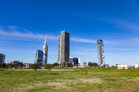 BATUMI, GEORGIA - MARCH 17, 2018: Modern art tower from the letters of the Georgian alphabet. One of the symbols of the cityのeditorial素材