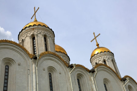 VLADIMIR, RUSSIA - MARCH 18, 2018: Assumption Cathedral of the XII century. An outstanding monument of white stone architecture. Gold Ring of Russia. UNESCO World Heritageのeditorial素材