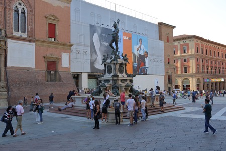 BOLOGNA, ITALY - JULY 19, 2018: The famous fountain of Neptune. Early work by sculptor Giambologna, completed about 1567のeditorial素材