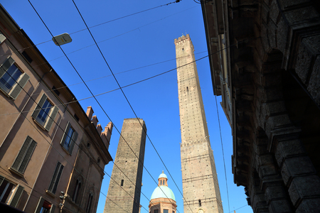 BOLOGNA, ITALY - JUNE 19, 2018: Part of the famous two towers in the city center. Built in the early 12th centuryのeditorial素材