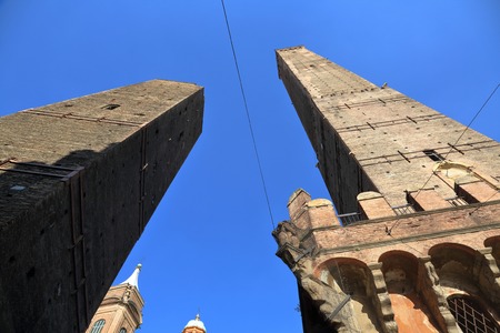 BOLOGNA, ITALY - JUNE 19, 2018: Part of the famous two towers in the city center. Built in the early 12th centuryのeditorial素材