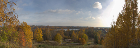 Beautiful Karelian forest landscape in early autumn in Russiaの写真素材