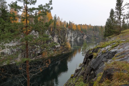 Picturesque autumn landscape in the Karelian mountain park Ruskeala, Russiaの写真素材
