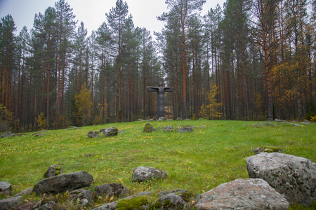 KARELIA, RUSSIA - OCTOBER 13, 2018: Cross of Grief. Memorial dedicated to the Soviet and Finnish soldiers who fell in the Soviet-Finnish war of 1939-1940のeditorial素材