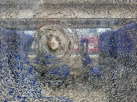Patterned surface of broken glass in public transport