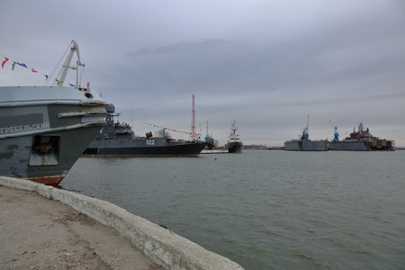 Baltiysk, Russia - February 23, 2019: Ship in the Baltic Sea bay at the city embankmentのeditorial素材