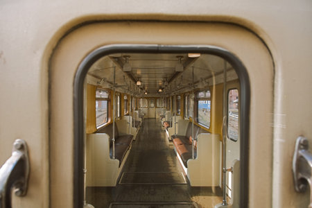 Moscow, Russia - September 6, 2019: Interior of an empty retro car of a 1935 subway train
