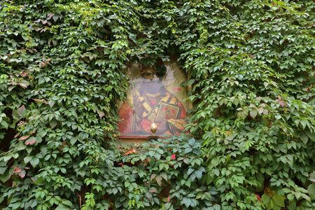 Moscow, Russia - September 19, 2019: Reproduction of an ancient Orthodox icon on the outdoor wall of the Sretensky monasteryのeditorial素材