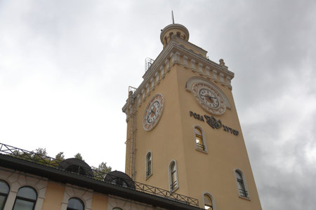 Sochi, Krasnaya Polyana, Russia - October 11, 2019: Authentic street architecture of a famous resort