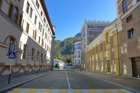 Sochi, Krasnaya Polyana, Russia - October 11, 2019: Authentic street architecture of a famous resortのeditorial素材