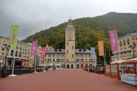 Sochi, Krasnaya Polyana, Russia - October 11, 2019: Authentic street architecture of a famous resortのeditorial素材