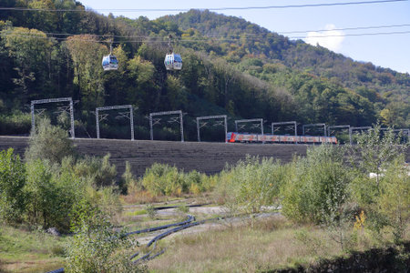 Sochi, Russia - October 12, 2019: Suburban electric train Lastochka moves in the resort of Krasnaya...