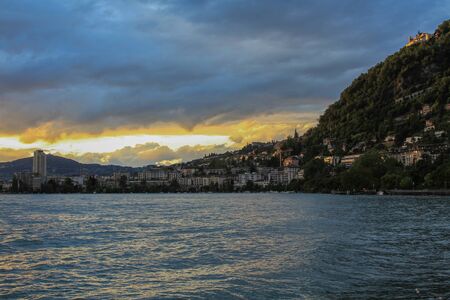 Beautiful view of Lake Geneva near the city of Montreux, Switzerlandの写真素材