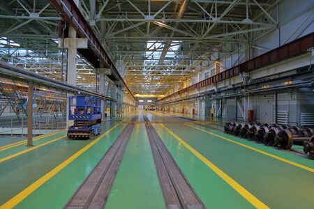 Moscow, Russia - January 29, 2020: Inside the Mitino electric depot for the maintenance and repair of passenger trains and cars of the city metroのeditorial素材