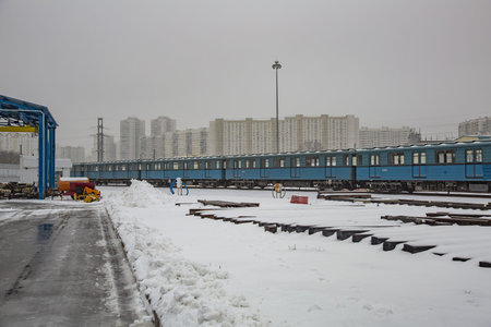 Moscow, Russia - January 29, 2020: In the territory of the Mitino electric depot. Maintenance and...