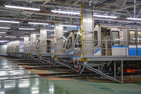 Moscow, Russia - January 29, 2020: Inside the Mitino electric depot for the maintenance and repair...