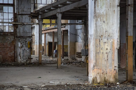 Moscow, Russia - February 1, 2020: Interior of an abandoned industrial workshop. MIG Aircraft...