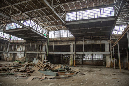 Moscow, Russia - February 1, 2020: Interior of an abandoned industrial workshop. MIG Aircraft...