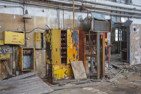 Moscow, Russia - February 1, 2020: Interior of an abandoned industrial workshop. MIG Aircraft...