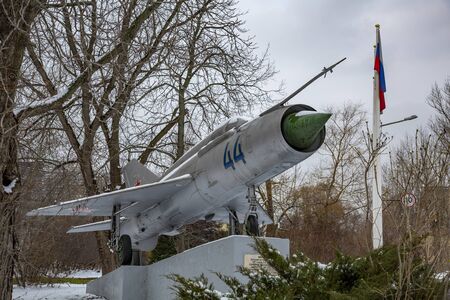 Moscow, Russia - February 1, 2020: Soviet military fighter MIG-21 on the territory of the Aircraft Building Plantのeditorial素材