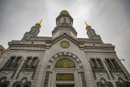 Moscow, Russia - February 11, 2020: Part of the facade of the largest and highest Muslim mosque in Europe on a cloudy snowy dayのeditorial素材