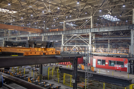 Moscow region, Russia - February 15, 2020: Zagorsk Pipe Plant. Industrial production workshop for...