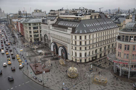 Moscow, Russia - March 02, 2020: City landscape in cloudy weather from the observation deck of the Children's World Mallのeditorial素材