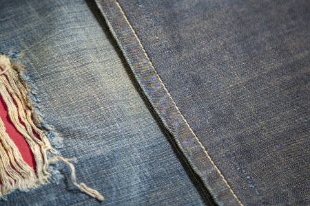 Blue textured surface of a thick cotton denim fabricの写真素材