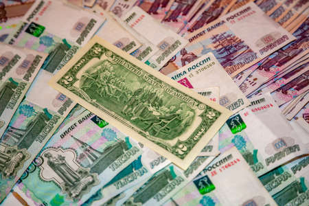 Modern cash Russian rubles. Paper bills laid out on the tableの写真素材