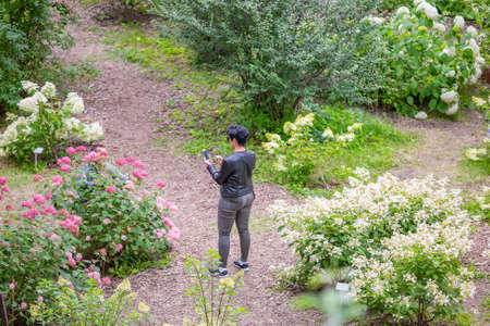 Relaxing walk in the summer city park among the greenery on a sunny dayの写真素材