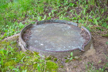Old round manhole among lush green grass