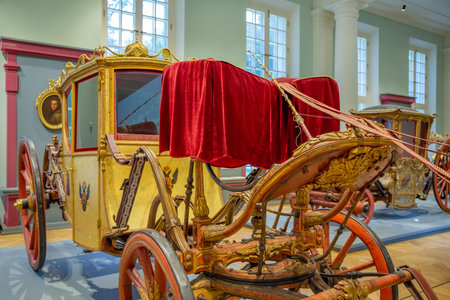 Krasnogorsk, Russia - August 23, 2020: Exhibit of an exposition of old carriages of the 18th century...