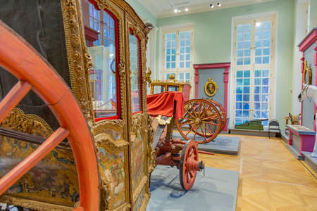 Krasnogorsk, Russia - August 23, 2020: Exhibit of an exposition of old carriages of the 18th century in the museum-estate Arkhangelskoyeのeditorial素材