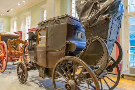 Krasnogorsk, Russia - August 23, 2020: Exhibit of an exposition of old carriages of the 18th century in the museum-estate Arkhangelskoyeのeditorial素材