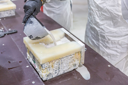 Moscow, Russia - September 07, 2020: Inside an industrial workshop of the Dikart gypsum stucco...