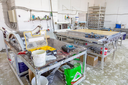 Moscow, Russia - September 07, 2020: Inside an industrial workshop of the Dikart gypsum stucco...